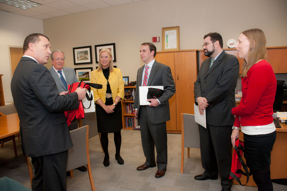 Marc Levine, representative for California's 10th Assembly District and CSUN class of '96 (Political Science), visited the campus on Mar. 2, 2013. Here, Assemblyman Levine (center) meets with Gray Younger, William Jennings, President Dianne F. Harrison, TK and TK.