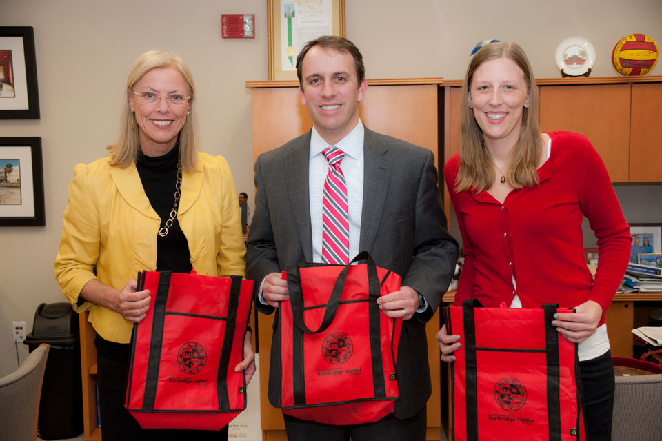 Marc Levine, representative for California's 10th Assembly District and CSUN class of '96 (Political Science), visited the campus on Mar. 2, 2013. Levine is flanked here (L-R) by President Dianne F. Harrison and TK.
