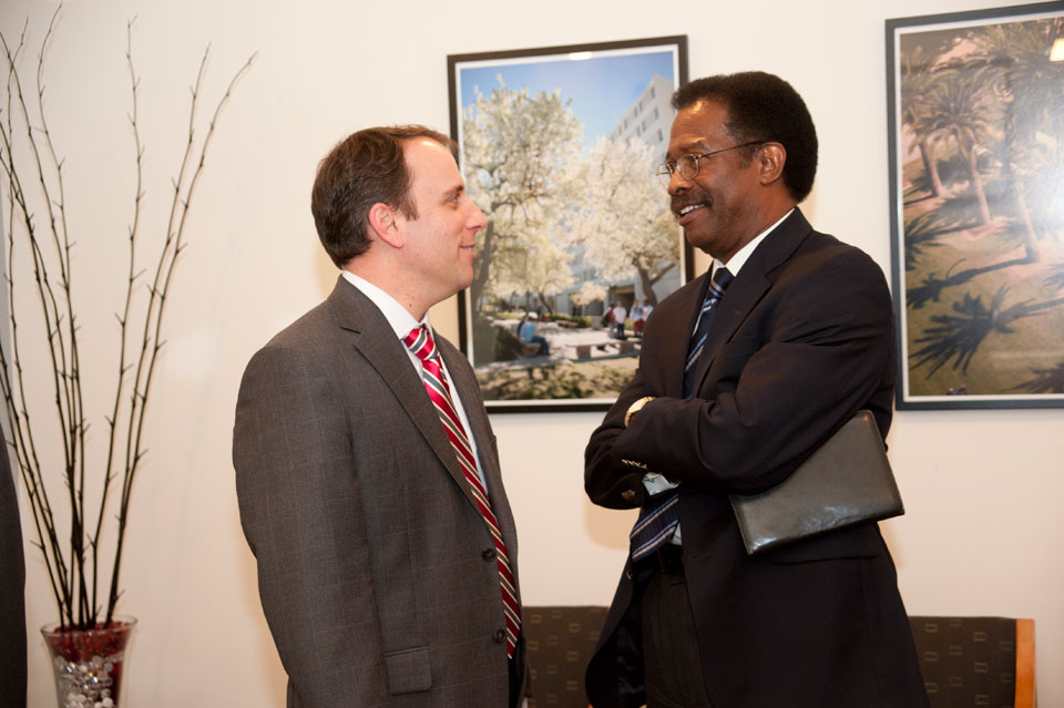 Marc Levine, representative for California's 10th Assembly District and CSUN class of '96 (Political Science), visited the campus on Mar. 2, 2013. Later in the day, Levine took a tour of the campus. Here he is talking to William Watkins, Vice President, Student Affairs, before heading out on the tour.